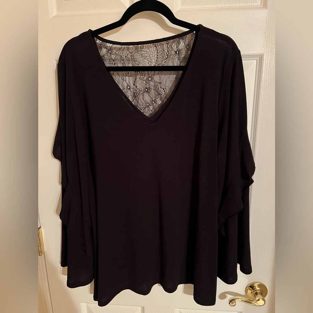 Elegant V-Neck Women's Top with Black Lace Inset in Back